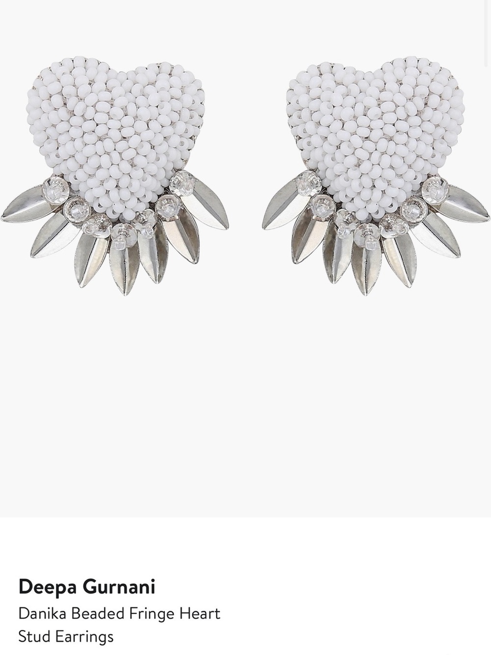 Deepa Gurnani White beaded fringe Danika Heart Stud Earrings